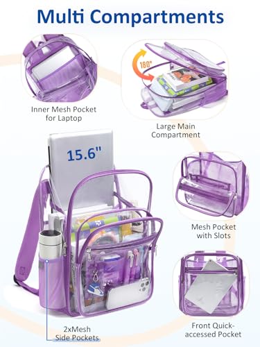 Extra Large Clear Backpack with TSA Lock, Heavy Duty Transparent See Through Clear Bookbag for College, Work, Travel, Casual Sport, Purple - color: Purple