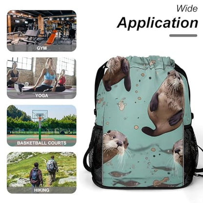 Drawstring Gym Backpack with Shoe Compartment And Wet Pocket, 28L Lightweight Waterproof Otters Sports Backpack for Workout Swim Beach Travel String Bag for Men Women