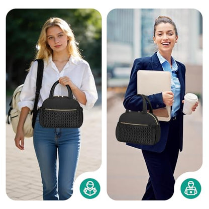 Coobiiya Quilted Puffer Insulated Lunch Bag Women Men, Cute Cotton-Like Taslan Lunch Box for Women Men, Thermal Waterproof Cooler Bag Large Capacity for Work Picnic Travel（Black） - color: Black Woven Cotton