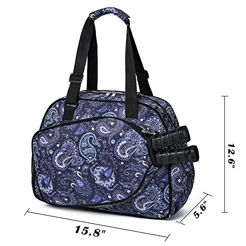 Boulder Bee Pickleball Tote Bag for Women with Paddle Holder - color: Blue cashew flower