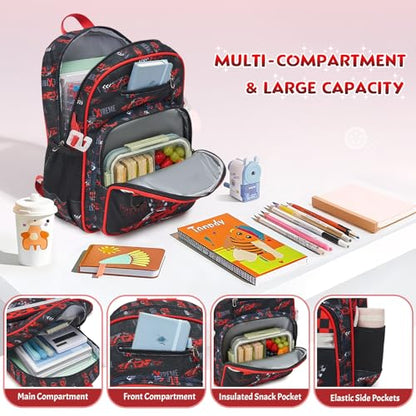 3PCS Boys Backpack Ages 5-8 with Lunch Bag & Pencil Case, Toddler School Backpack for Kids Boys - 15inch Backpack Boy Bookbag for Preschool Kindergarten Elementary School - color: Racing Cars