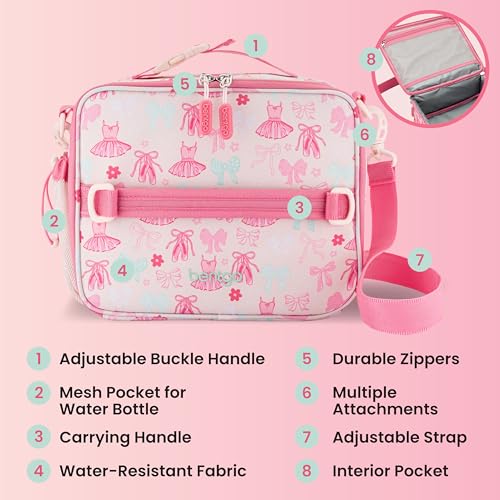 Bentgo Kids Prints Lunch Bag - Double-Insulated, Reusable, for Kids 3+, Adjustable Strap; Holds Lunch Box/Water Bottle/Snacks; Easy-Clean, Water-Resistant, Pockets (NEW Ballet & Bows) - color: Ballet & Bows