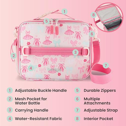 Bentgo Kids Prints Lunch Bag - Double-Insulated, Reusable, for Kids 3+, Adjustable Strap; Holds Lunch Box/Water Bottle/Snacks; Easy-Clean, Water-Resistant, Pockets (NEW Ballet & Bows) - color: Ballet & Bows
