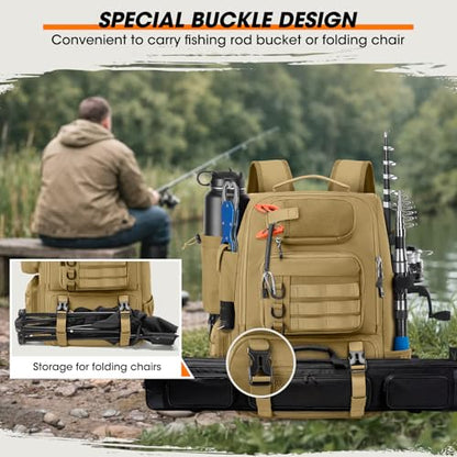 RAINSMORE Fishing Backpack with Rod Holders & Cooler 40L Water Resistant Tackle Backpack with Rain Cover Store Fishing Gear - color: Khaki