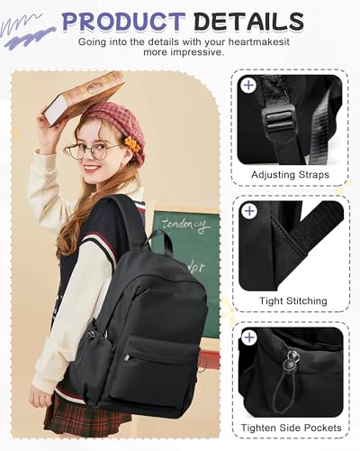 Small Black Backpack for School, High School Book Bag Back Pack for Teens Girls Boys, Lightweight College Backpack Bookbag for Women Men, Simple Casual Daypack Mochilas Escolares para Adolescentes - color: Black