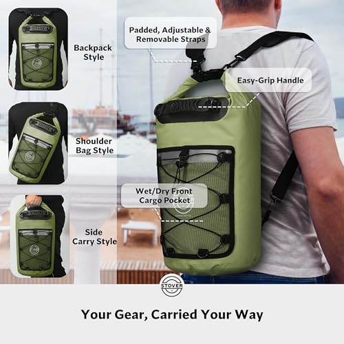 STOVER 5/10/25/30/40/55L Waterproof Dry Bag- Roll-Top Backpack w/Phone Case- Kayaking, Hiking, Camping, Boating- Men/Women - color: 25l Green (With Phone Case), size: 25L