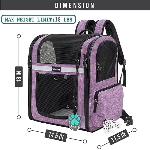 PetAmi Dog Backpack Carrier for Cats and Small Dogs, 4-Way Entry Ventilated Mesh Pet Carrier for Hiking Travel, Foldable Top with Sherpa Bed, Reflective and Poop Bag Dispenser, Up to 18 lbs, Purple - color: Purple