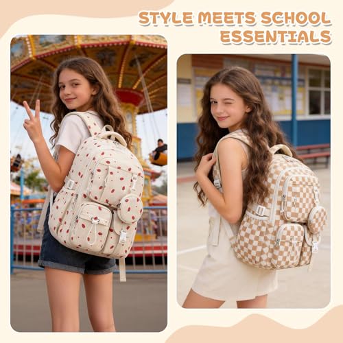MOONBABY Girls Backpack, Kids Backpack for Girls, School bag for Primary Elementary Teenage, Middle School Students Bookbag - color: Brown Check