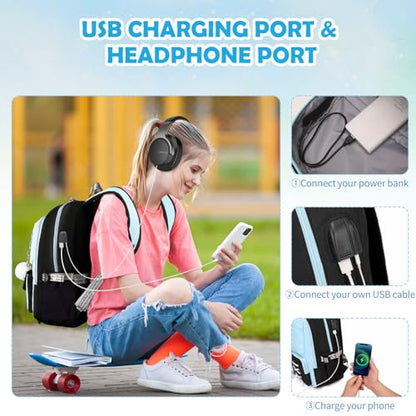 ACESAK Backpacks for Girls, Girls Backpack with Lunch Box and Pencil Case for Teen Kids Elementary Middle High School College Student, Children Backpack Bookbag with USB Charging Port (Blue) - color: Black & Blue