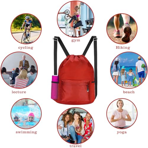 Waterproof Drawstring Bag, Lightweight String Backpack with Water Bottle Holder and Pockets, Gym Sports Cinch Sackpack (Red) - color: Red