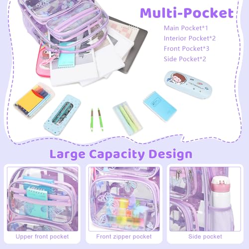 ACESAK Clear Backpack for Girls - 3 Pcs Clear Backpack Heavy Duty with Lunch Bag - See Through Bookbag Stadium Approved for Kids Middle High College School(Purple Butterfly) - color: Purple Butterfly