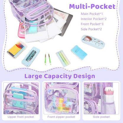 ACESAK Clear Backpack for Girls - 3 Pcs Clear Backpack Heavy Duty with Lunch Bag - See Through Bookbag Stadium Approved for Kids Middle High College School(Purple Butterfly) - color: Purple Butterfly