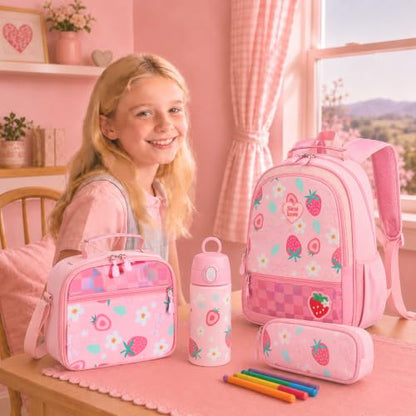 Kids Backpack for Girls 5-8, 4PCS Toddler Backpack with 13oz Kids Insulated Water Bottle, Lunch Box and Pencil Case, Girls Bookbag Schoolbag for Primary Kindergarten Elementary School - color: Strawberry Pink