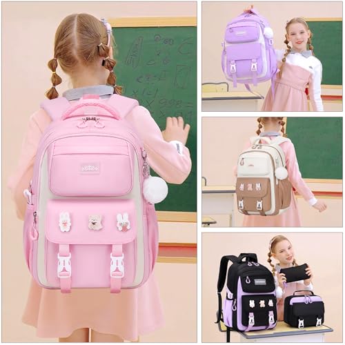 DIGOBAY 3PCS Girls Backpack for School, Hot Pink Large Kids Backpack for Girls with Lunch Box Pencil Case Set for Teen Girl Elementary Primary Middle High College School Bookbag with Cute Pins - color: Hot-pink