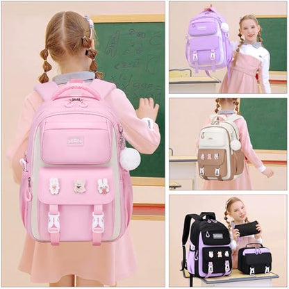 DIGOBAY 3PCS Girls Backpack for School, Hot Pink Large Kids Backpack for Girls with Lunch Box Pencil Case Set for Teen Girl Elementary Primary Middle High College School Bookbag with Cute Pins - color: Hot-pink