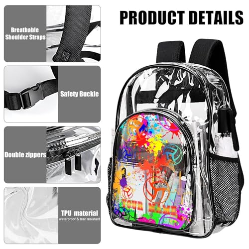 Custom Volleyball Clear Backpack Heavy Duty for Girls Kids Boys | Large Cool PVC Volleyball Theme Printing Transparent Backpacks for Schools Stadium Concerts Work - Clear/Black - color: Volleyball Clear Backpack 1 Black With Front Pocket Custom