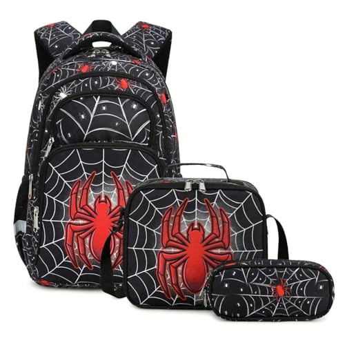 Cusangel kids Backpack with lunch box for School Boys Girls 8-12ages,16in Bookbag Stitch,durable Water Resistant,7 Pockets, Adjustable Chest Strap,Large For Travel,Gifts (Red Spider Set-17in) - color: Red Spider Set-17in