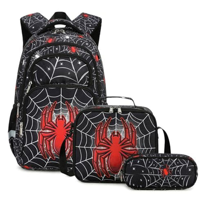 Cusangel kids Backpack with lunch box for School Boys Girls 8-12ages,16in Bookbag Stitch,durable Water Resistant,7 Pockets, Adjustable Chest Strap,Large For Travel,Gifts (Red Spider Set-17in) - color: Red Spider Set-17in