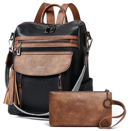 Shrrie Backpack Purse for Women Fashion Leather Backpack Purse Designer Travel Backpack Convertible Shoulder Bag with Wristlet - color: 2-5 Black With Brown
