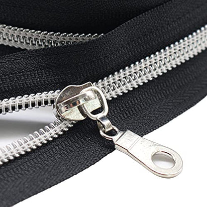 MebuZip #5 Silver Metallic Nylon Coil Zippers by The Yard Bulk Coil Zipper Roll 10 Yards with 25pcs Pulls for DIY Sewing Craft Bags (Black) - color: Silver Black
