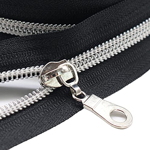 MebuZip #5 Silver Metallic Nylon Coil Zippers by The Yard Bulk Coil Zipper Roll 10 Yards with 25pcs Pulls for DIY Sewing Craft Bags (Black) - color: Silver Black