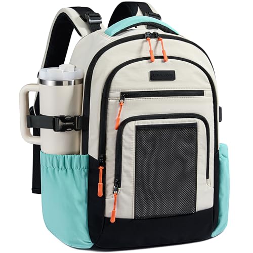 LOVEVOOK Laptop Backpack for Women with Large Cup Holder,17.3 Inch Work Computer Bag with Chest Buckle Back Pad Shoulder Buckle,Waterproof Business Backpack College Teacher Bag for Gift Travel - color: Off White-green-black, size: 17.3 Inch