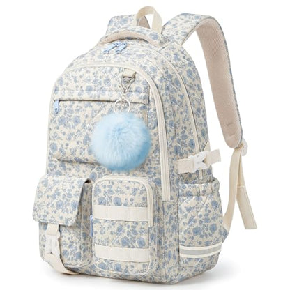 Quilted Backpack for Teen Girls, Cute Blue Floral School Backpack with Multi-Pocket Design, Lightweight Cotton Bookbag Fits 15.6" Laptop, Large Capacity Aesthetic Backpack with Plush Charm - color: Blue Floral