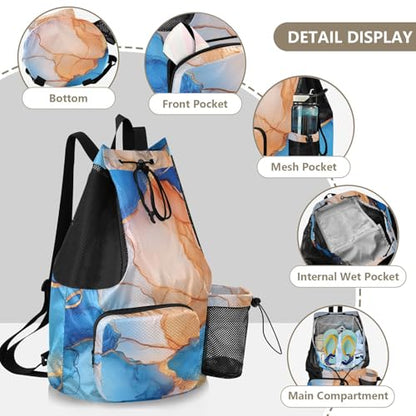Draw String Back Bag Gym Bag With Pockets String Backpack Bag Waterproof Marble Royal Blue Peach - color: Color 12