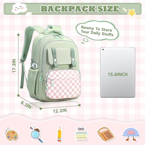 MUSEVOS Girls Backpack, Ideal School Backpack for Girls from Elementary to Teen Years, Kawaii Bookbag Cute Large Capacity, Checkered, Green - color: Green