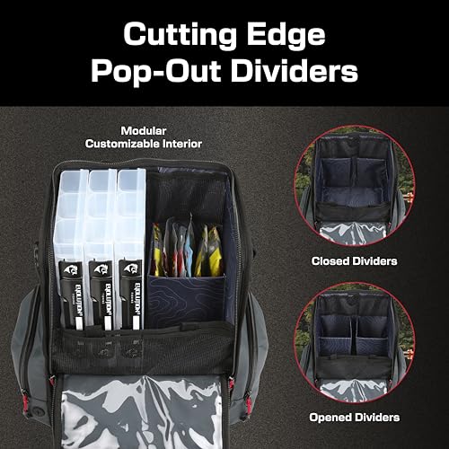 Evolution Fishing Largemouth 3.0 Tackle Backpack - Patent Pending Modular Dividers, Rod Holders, Heavy Duty Fishing Backpack, Includes Quiklatch Tackle Trays