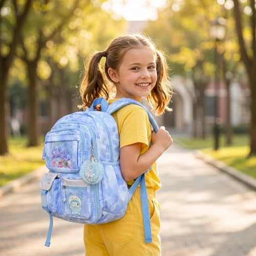 Lovely Kawaii Kids School Backpack For Girls – Splash-Proof Book Bag for Kids & Students, Multi-Pocket Children's School Bag, 17 Inch Blue Backpack - color: Blue