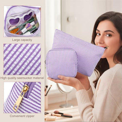 Sanwuta 4 Pcs Seersucker Pouch Cosmetic Bag Set Seersucker Makeup Bag Women Stripe Large Travel Toiletry Organizer Aesthetic Preppy Storage for Embroidery Women Bridesmaid Gifts(Purple) - color: Purple