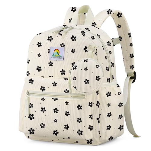 Corduroy Toddler Backpack for Girls 2-5: Flower Kids backpack for Girls - 13.5 inch Preschool Kindergarten Backpacks with Coin Purse - color: Beige-flower