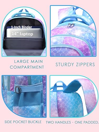 BLUEFAIRY Kids Backpacks for Girls 17 Inch Elementary Primary Middle School Bookbags with Laptop Compartment Back to School Bags for Childs Age 6-8 Mochilas Escolares para Niños Niñas Mermaid - color: Sky Blue