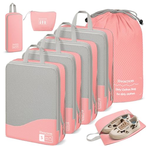 Compression Packing Cubes 8 Set, Dual Zipper Compression Packing Cubes for Travel, See-Through Mesh Packing Bags for Suitcases, Compression Travel Cubes with Shoe Bag (Pink) - color: 8 Set Pink