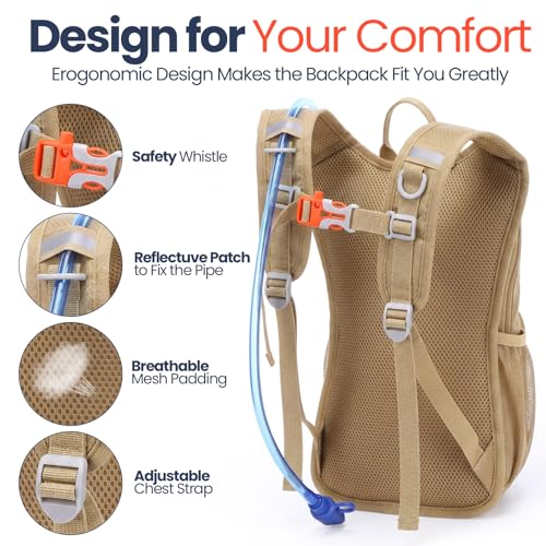 Shinylin 2 Pcs Kids Hydration Backpack with 1.5L Water Bladder Lightweight Kids Hiking Backpack Water Rucksack for Boys Girls Climbing Running - color: Khaki,Olive Green, style: Classic
