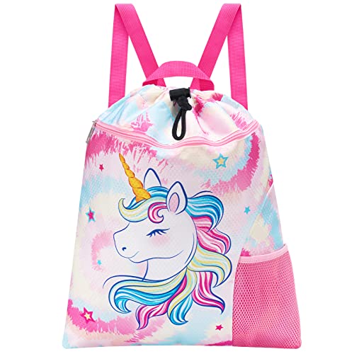 WAWSAM Gym Drawstring Backpack String Bag - 15” x 17” Sports Gym Bag for Kids Waterproof Swimming Beach Shopping Yoga Bag - color: Pink Unicorn