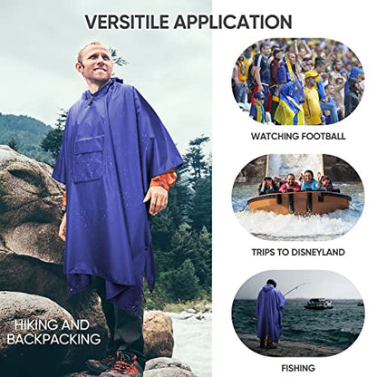 PTEROMY 3-in-1 Hooded Rain Poncho for Adult with Pocket, Waterproof Lightweight Unisex Raincoat for Hiking Camping Emergency - color: Blue
