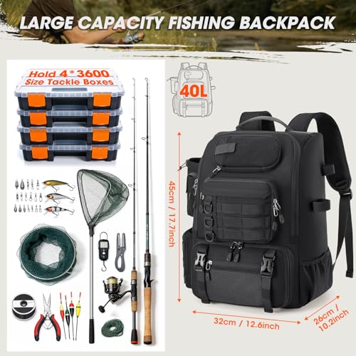 RAINSMORE Fishing Backpack with Rod Holders & Cooler 40L Water Resistant Tackle Backpack with Rain Cover Store Fishing Gear - color: Black