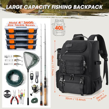 RAINSMORE Fishing Backpack with Rod Holders & Cooler 40L Water Resistant Tackle Backpack with Rain Cover Store Fishing Gear - color: Black