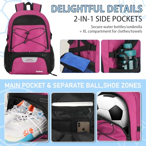 Goloni 30L Sports Backpack with Ball Compartment & Ventilated Shoe Pocket,Basketball Soccer Bag for Youth Boys Girls - color: Rose