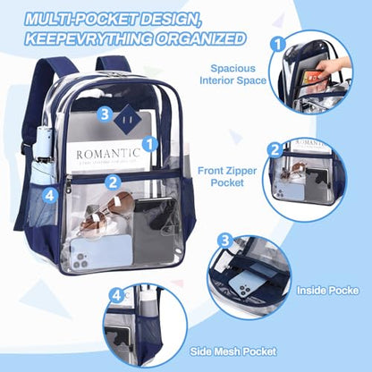 MUSEVOS Clear Backpack, Heavy Duty See Through Book Bag for Work, Security, Concerts, College Transparent PVC bookback Stadium Approved, Navy Blue - color: Navy Blue