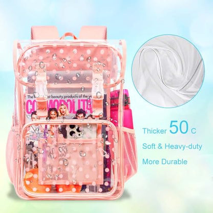 3PCS Pink Clear Backpack, Heavy Duty Transparent Bookbag for Girls Women, Stadium Approved See Through Backpack Set (Pink Dot) - color: Pink Polka Dots