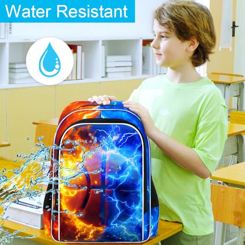 AGSDON 3PCS Basketball Backpack for Boys, 17" Kids Bookbag with Lunch Box for Boy, Flame Thunder Backpacks Water Resistant and Lightweight for Teen - color: Basketball