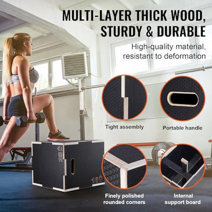VEVOR 3 in 1 Plyometric Jump Box, Easy-to-Assemble Wood Plyo Box for Jumping Trainers, Home Gym Training and Conditioning - style: 20" x 18" x 16"