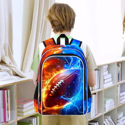 AGSDON 3PCS Rugby Backpack for Boys, 17" Kids Bookbag with Lunch Box for Boy, Flame Thunder Backpacks Water Resistant and Lightweight for Teen - color: Rugby