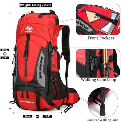YFREAL 60L Travel Hiking Camping Backpack with Rain Cover,Backpack Water Resistant,Climbing Backpack for Men Women (RED) - color: Red