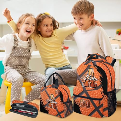 Mercuryelf Personalized Basketball Backpack for Boys - Custom Kids School Bookbag Set with Lunch Box 17 Inch Large Capacity Daypack - color: Orange