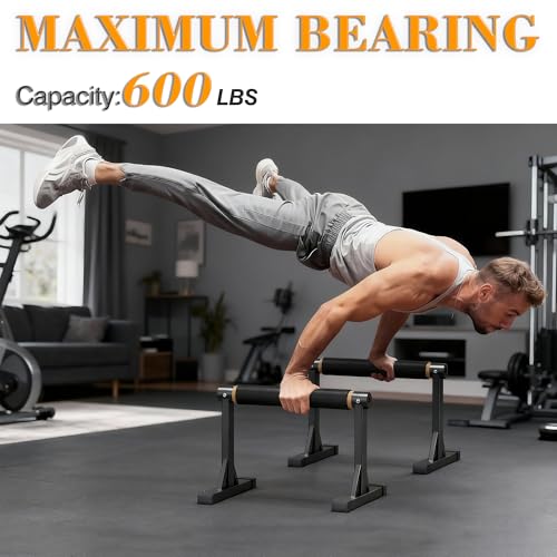 Wooden Parallel Bar and Dip Bar with Adjustable Height and Non-Slip Handles, Rock-Free Fitness Equipment for Handstands, L-Sits, Gymnastics and Strength Training for Home Gym, 600lbs Capacity - size: 12"