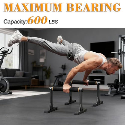 Wooden Parallel Bar and Dip Bar with Adjustable Height and Non-Slip Handles, Rock-Free Fitness Equipment for Handstands, L-Sits, Gymnastics and Strength Training for Home Gym, 600lbs Capacity - size: 12"